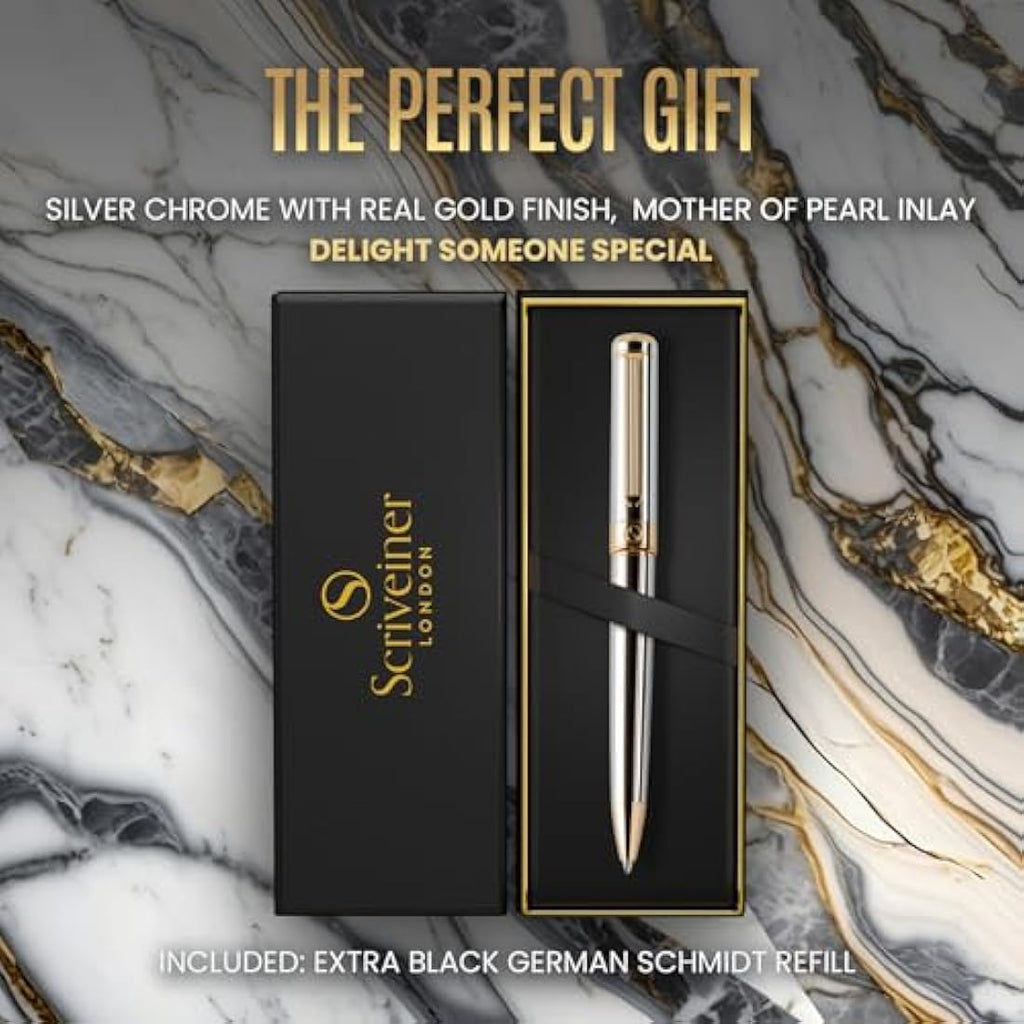 Scriveiner Silver Chrome Ballpoint Pen – Luxury Gold Finish Writing Set