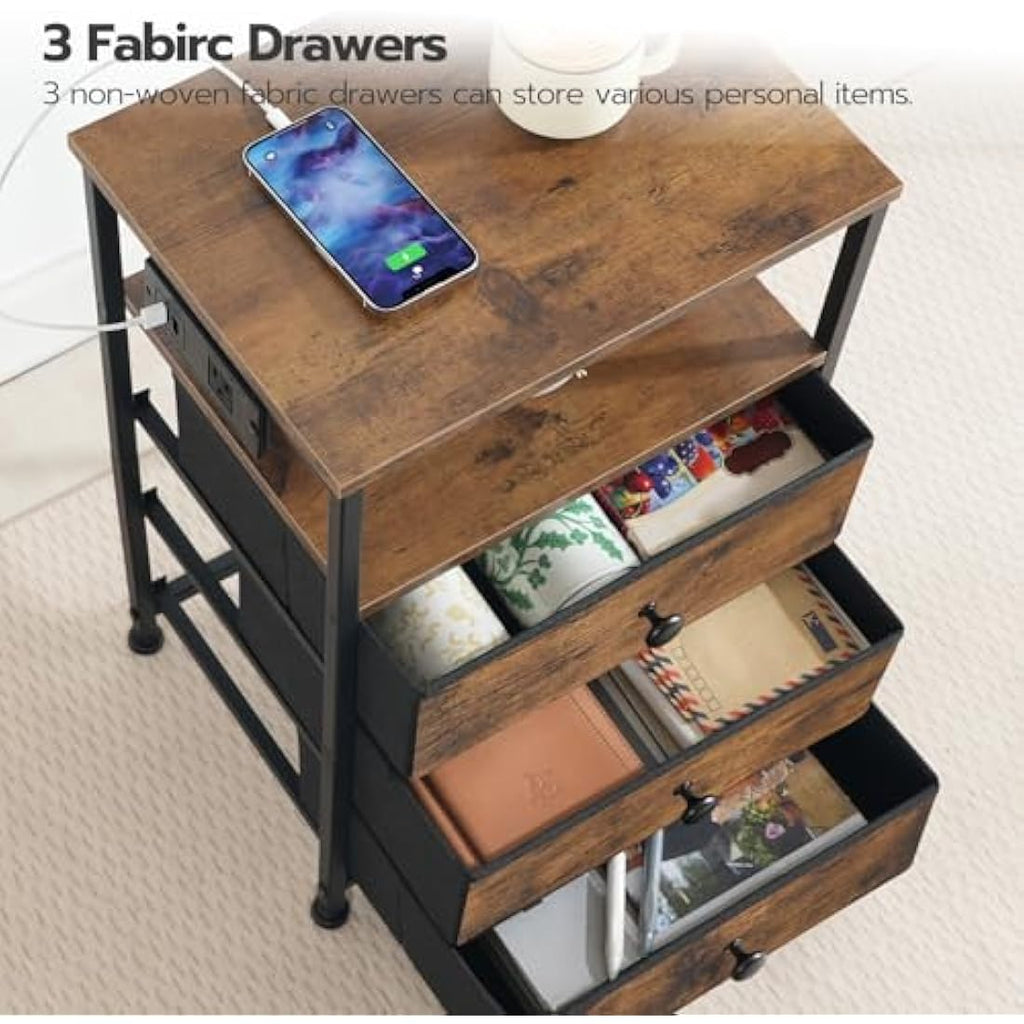 HOOBRO Bedside Table with Charging Station | 3-Drawer Nightstand
