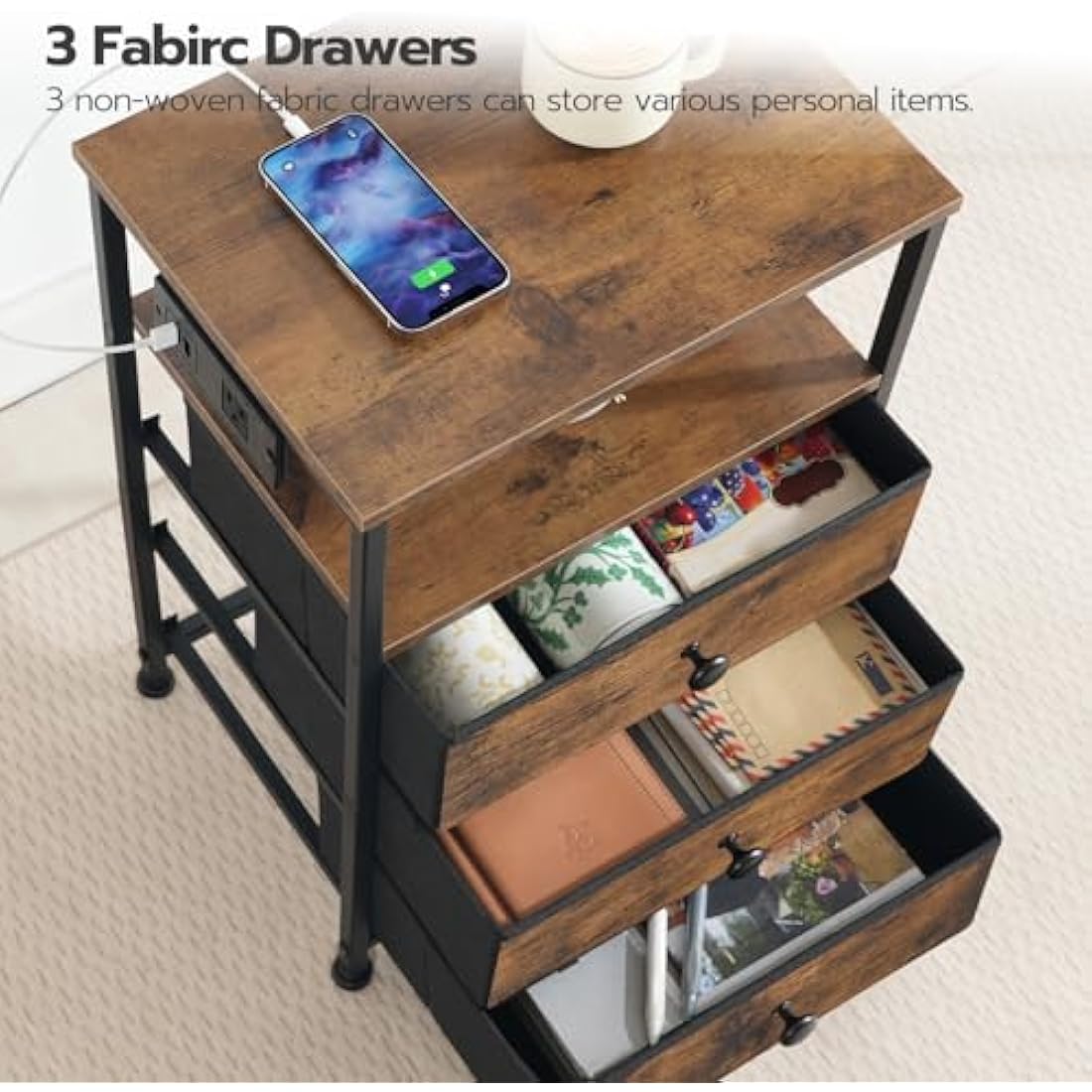 HOOBRO Bedside Table with Charging Station | 3-Drawer Nightstand