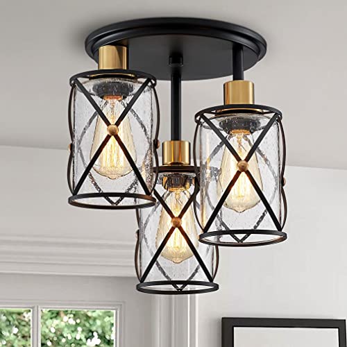 WUZUPS Industrial 3-Light Semi Flushmount Ceiling Light | Seeded Glass