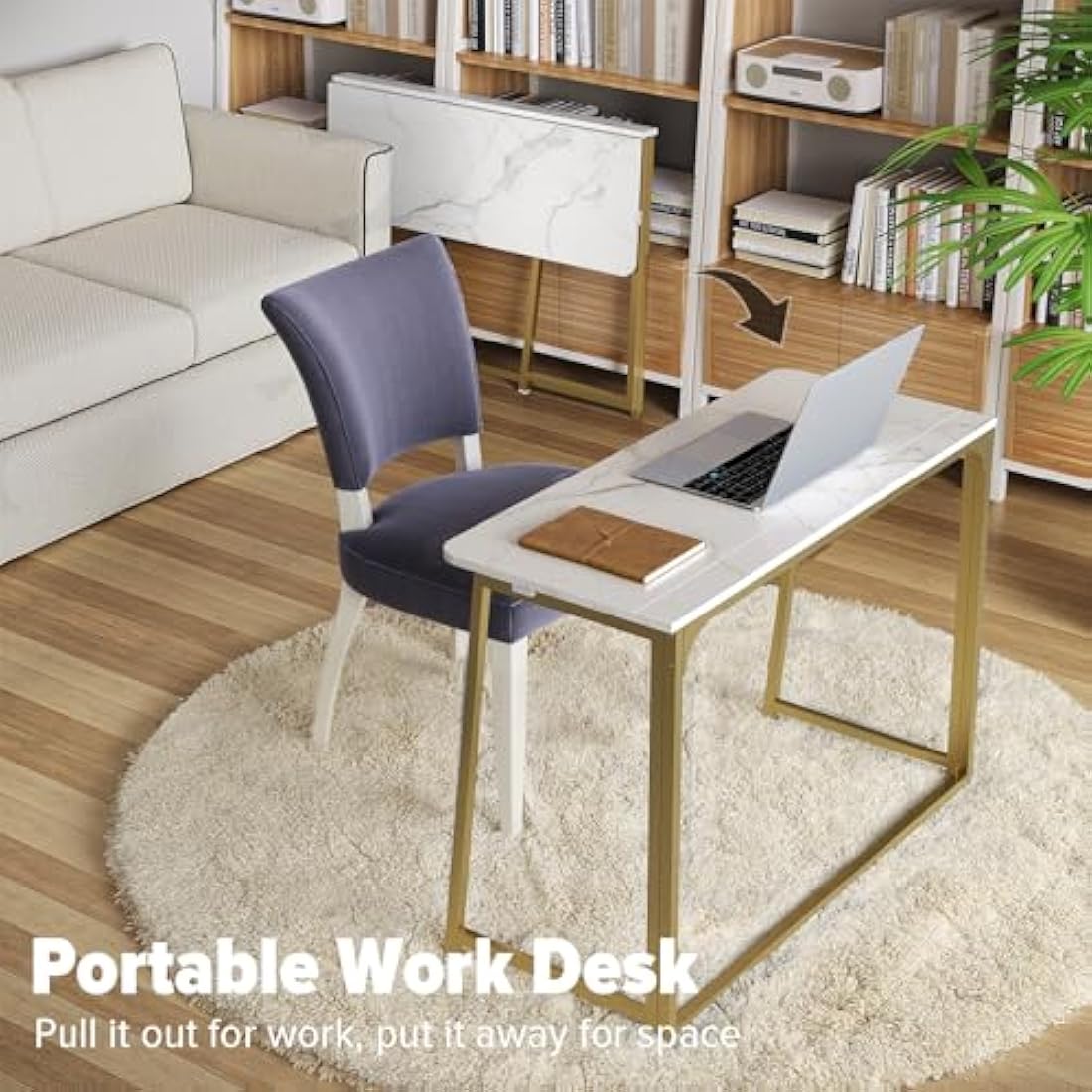 Folding Desk – Small Space-Saving Laptop Table, White and Gold