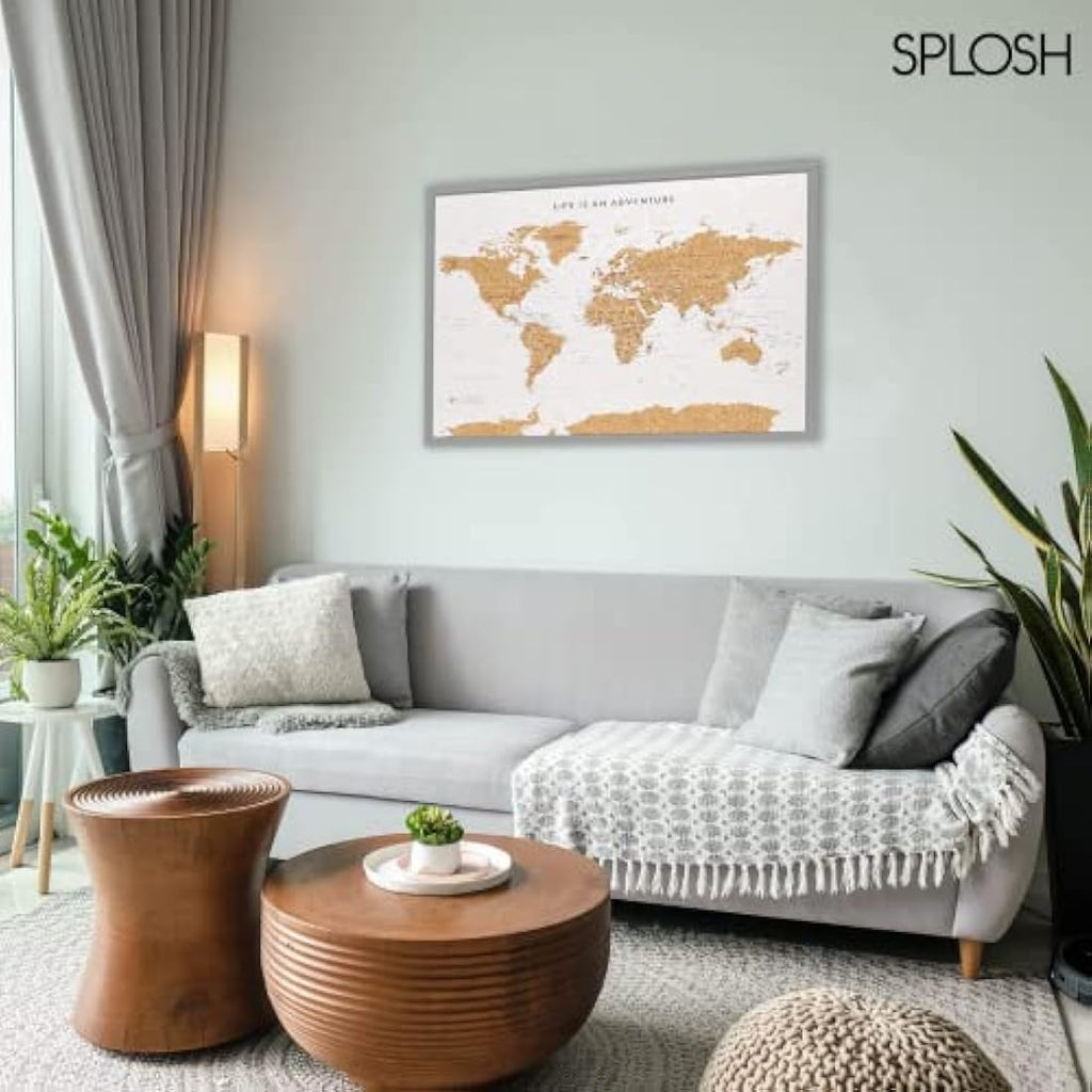 Splosh World Map Pin Board – Grey Framed Cork Board with 100 Pins
