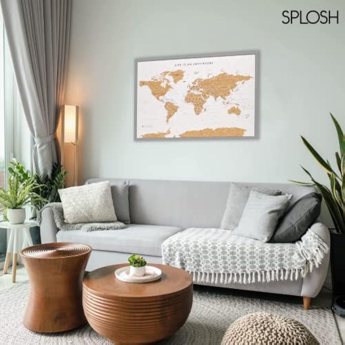 Splosh World Map Pin Board – Grey Framed Cork Board with 100 Pins