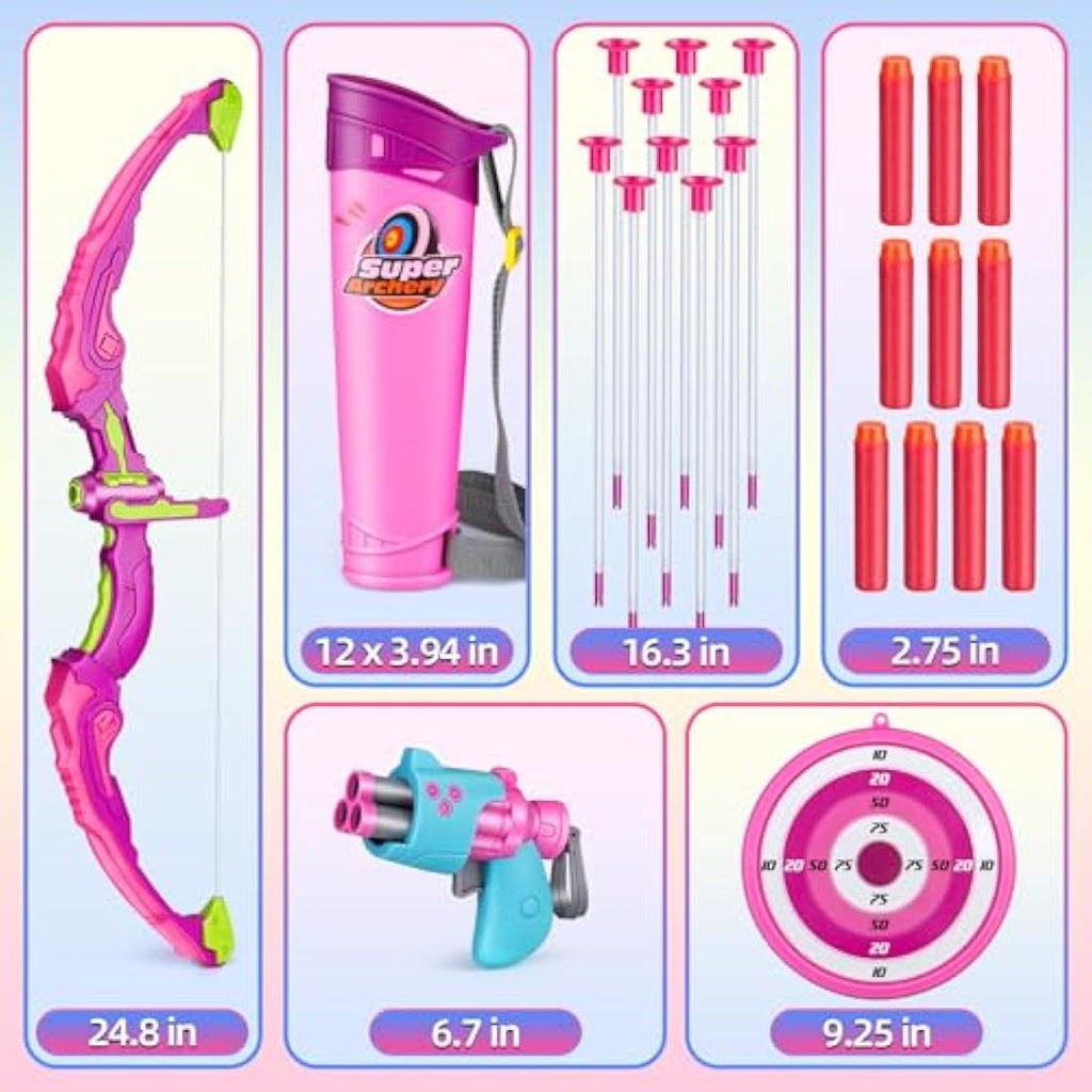 Own1one Kids 2-in-1 Archery Set with LED Lights and Foam Blaster - Pink