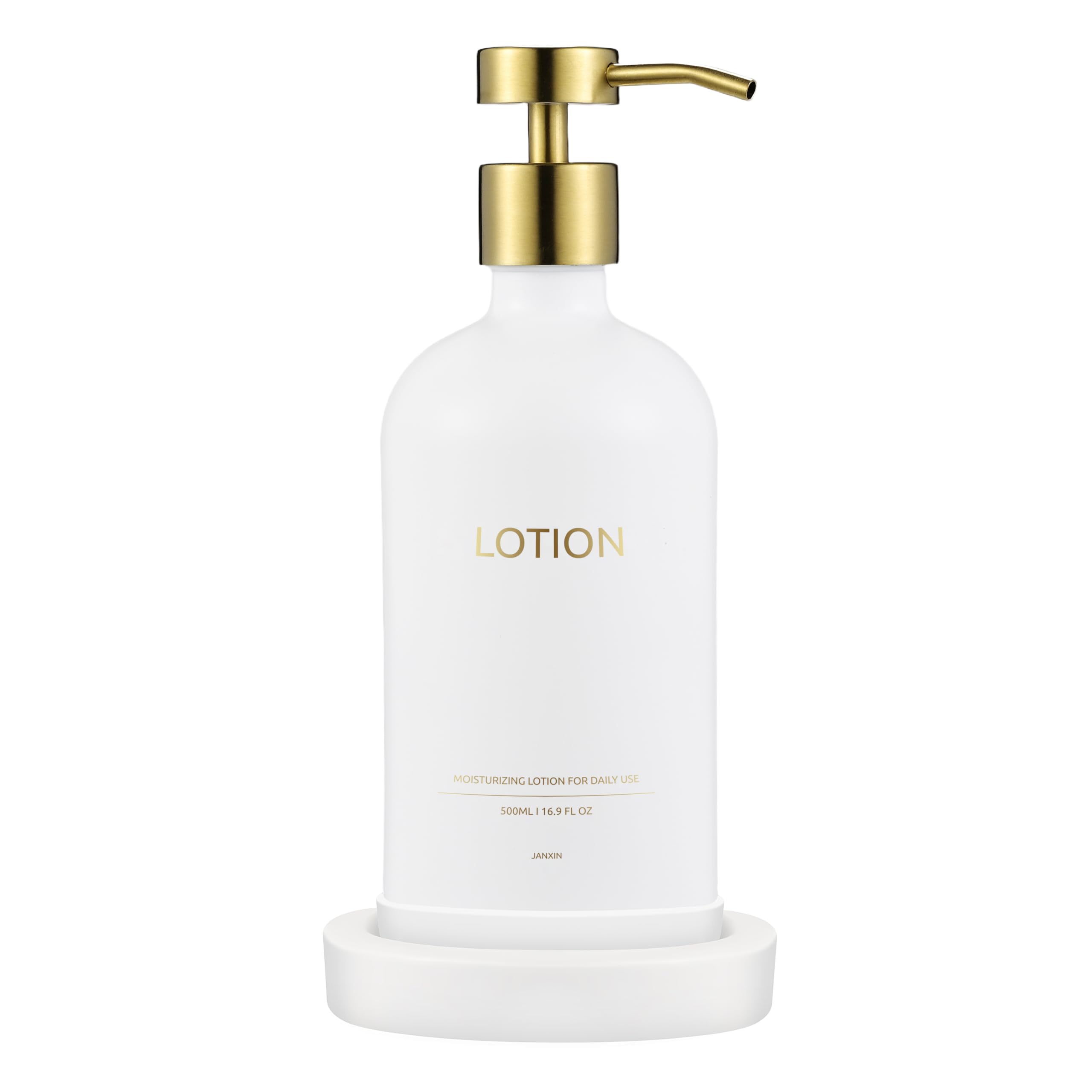 Janxin Glass Soap Dispenser Set with Ceramic Tray | 500ml White & Gold