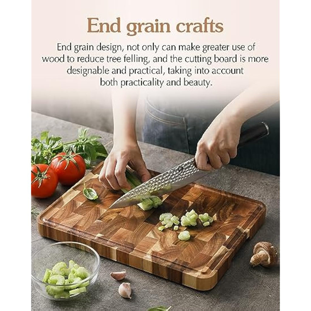 XINZUO Acacia Wood End Grain Cutting Board with Juice Groove | 14x10"