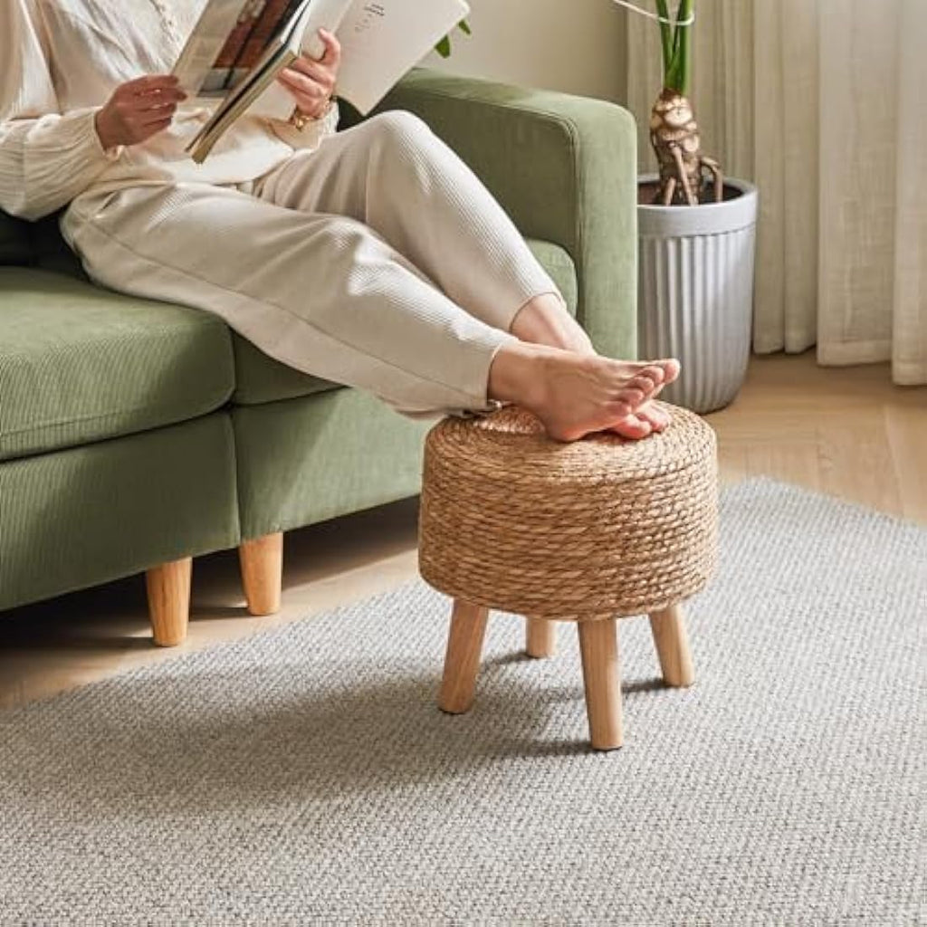 YMYNY Natural Seagrass Footstool – Hand-Woven Pastoral Ottoman with Pine Legs