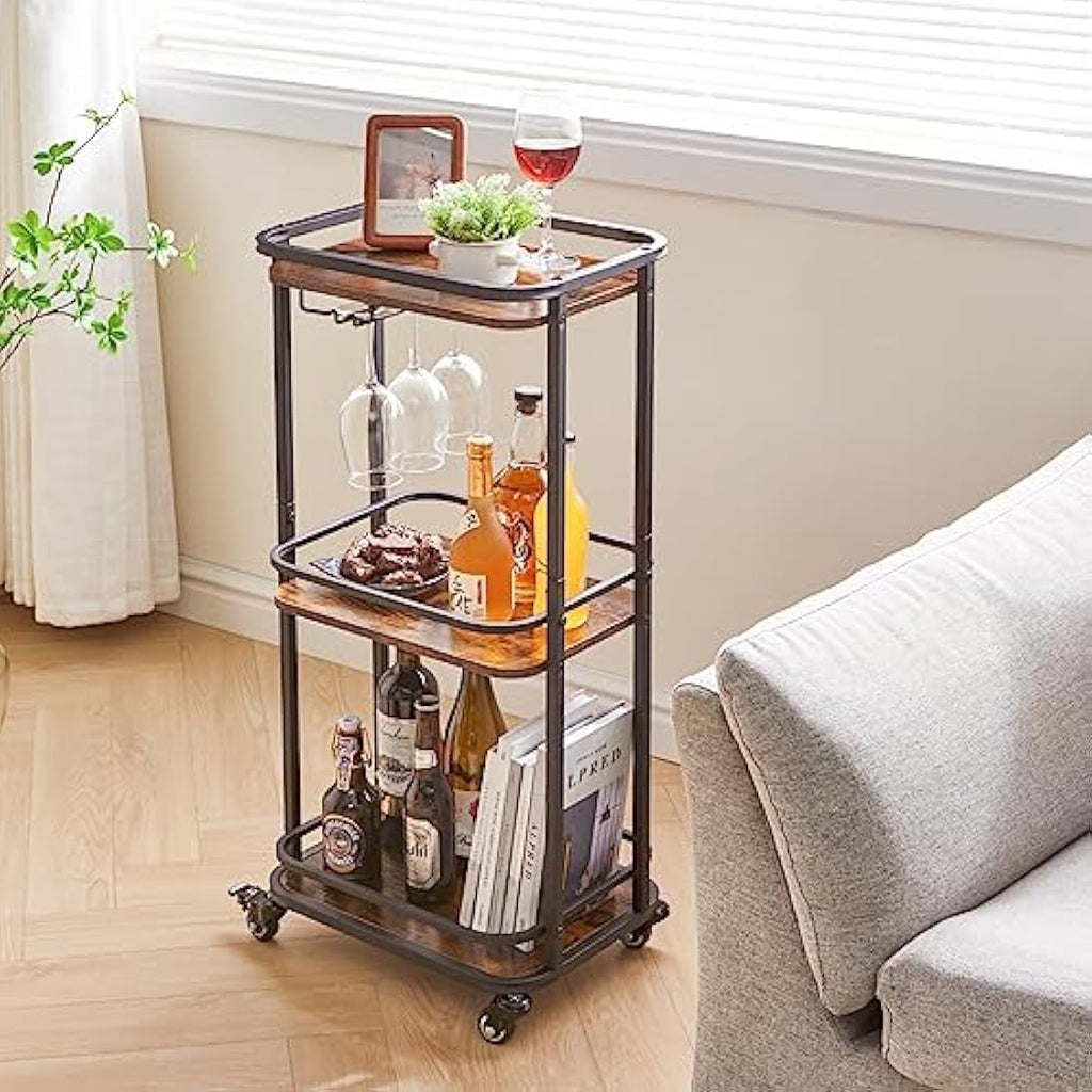 IBUYKE 3-Tier Rolling Bar Cart – Rustic Brown Kitchen Serving Trolley