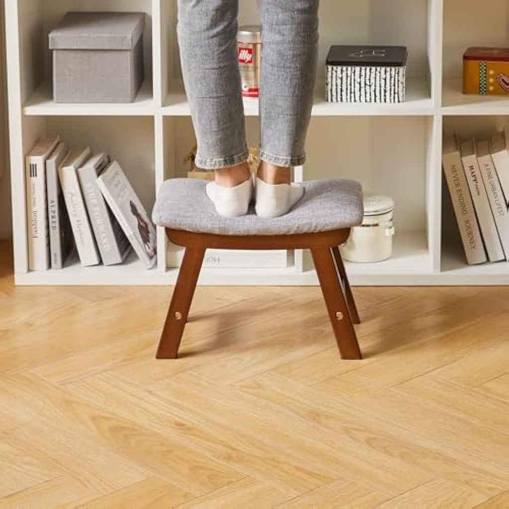 Wooden Ottoman Foot Stool | Grey Fabric Pouffe with Beech Legs