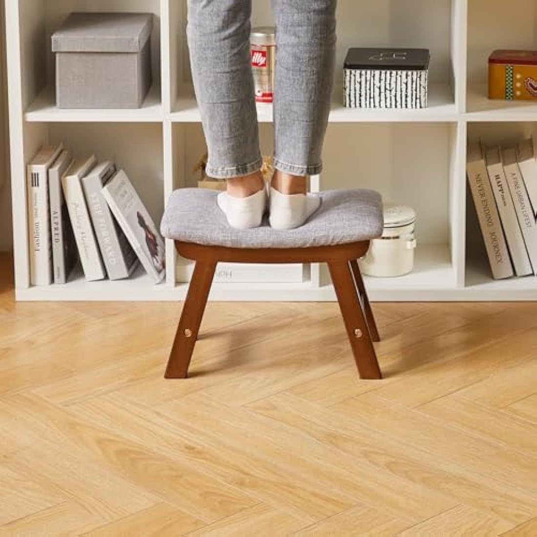 Wooden Ottoman Foot Stool | Grey Fabric Pouffe with Beech Legs