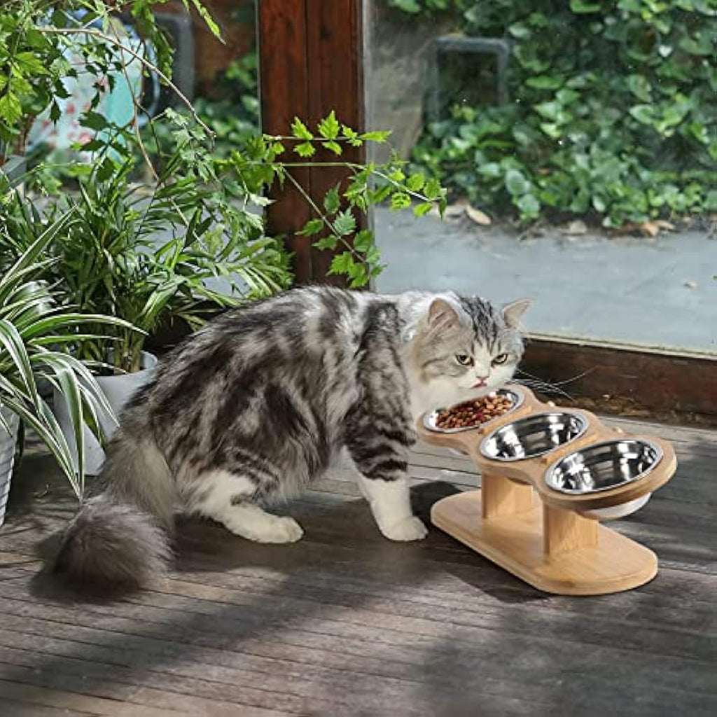 Raised Cat Feeding Station – 3 Stainless Steel Bowls & Bamboo