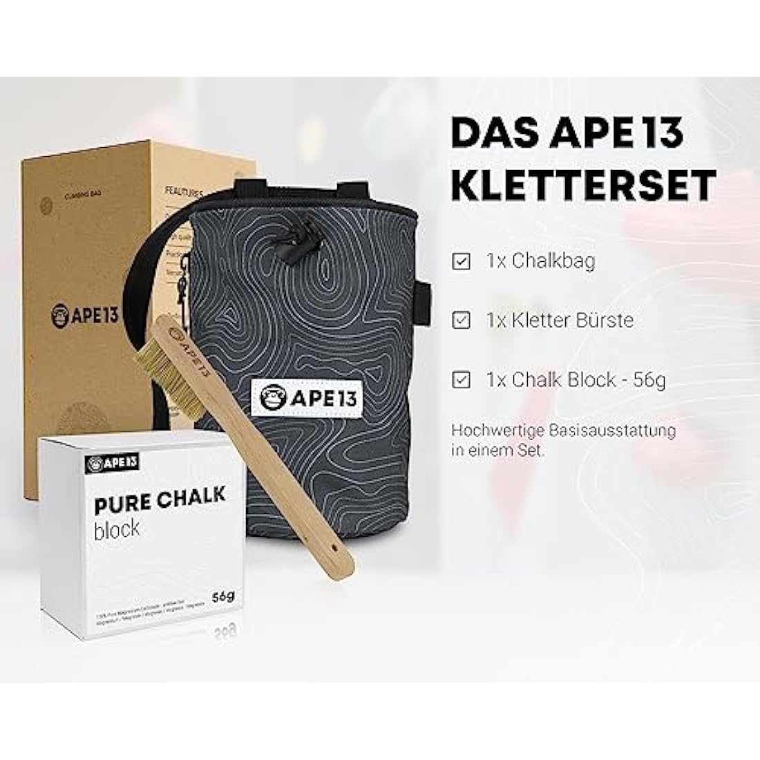 APE13 Chalk Bag Set zum Klettern & Bouldern – Inkl. Bürste & Gurtband