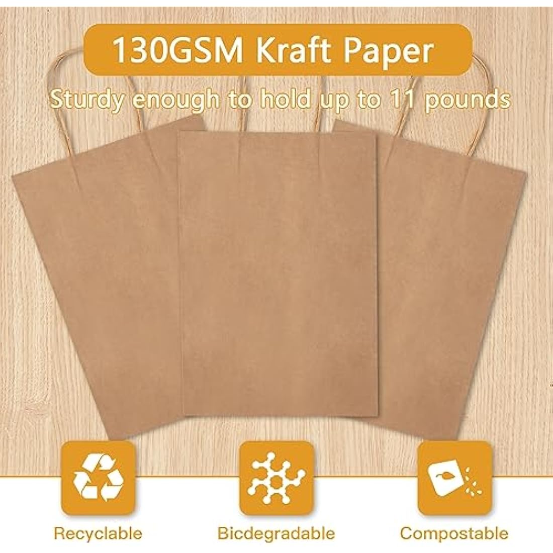HAUSPROFI 25pcs Kraft Paper Gift Bags with Handles - 130gsm Brown