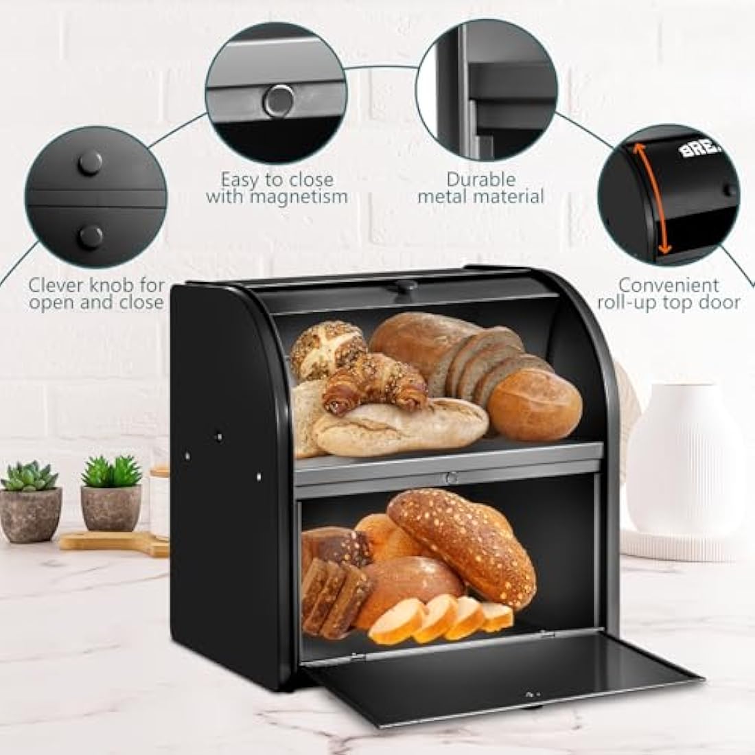 Dyserbuy 2-Layer Large Bread Bin | Black Stainless Steel Roll Top Box