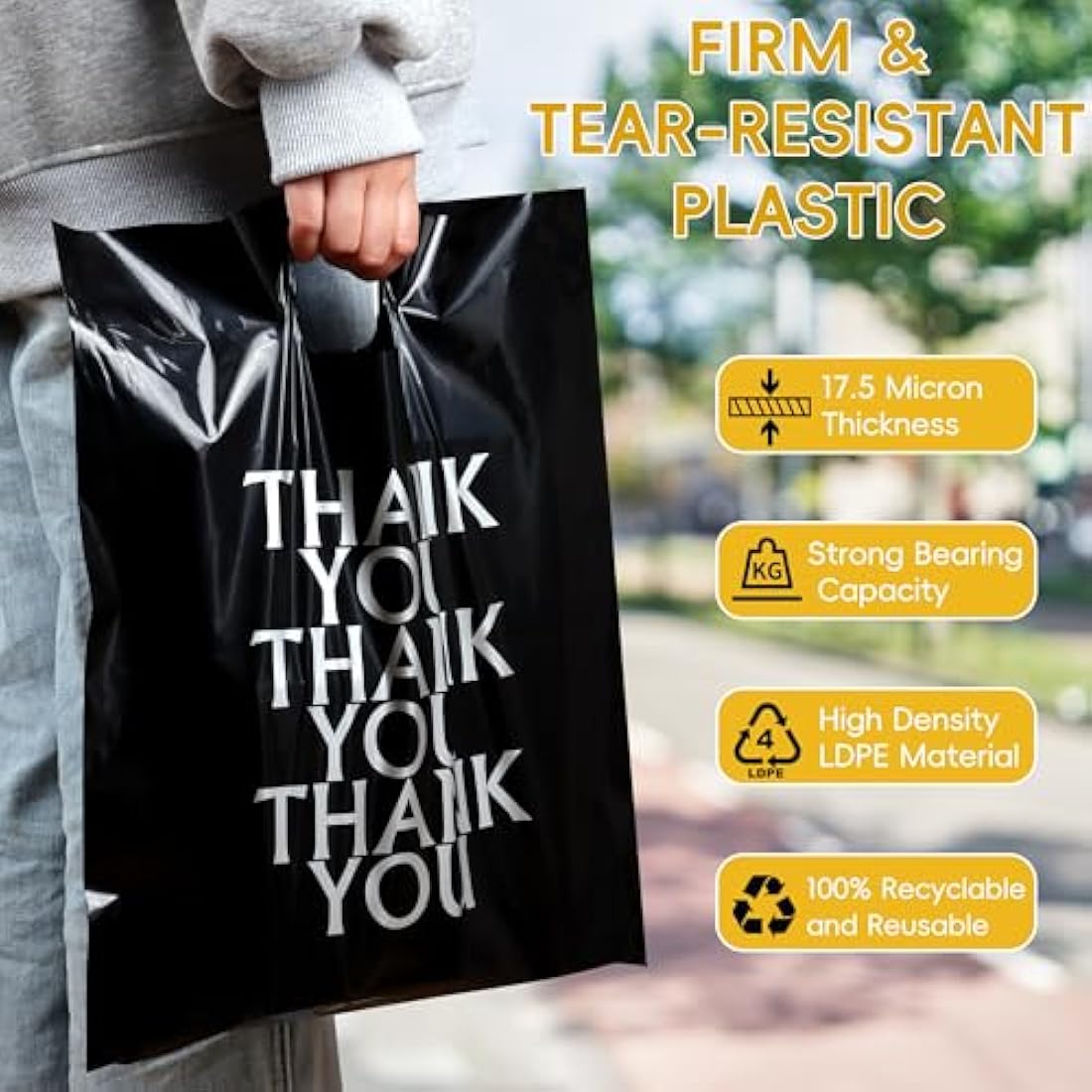 Jolof Store 100 Pack Black Thank You Carrier Bags - 30x38cm Retail Bags