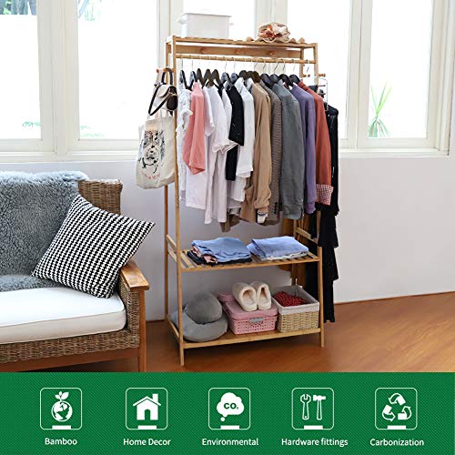 unho Bamboo Garment Rack - Free Standing Clothes Rail with 3 Shelves