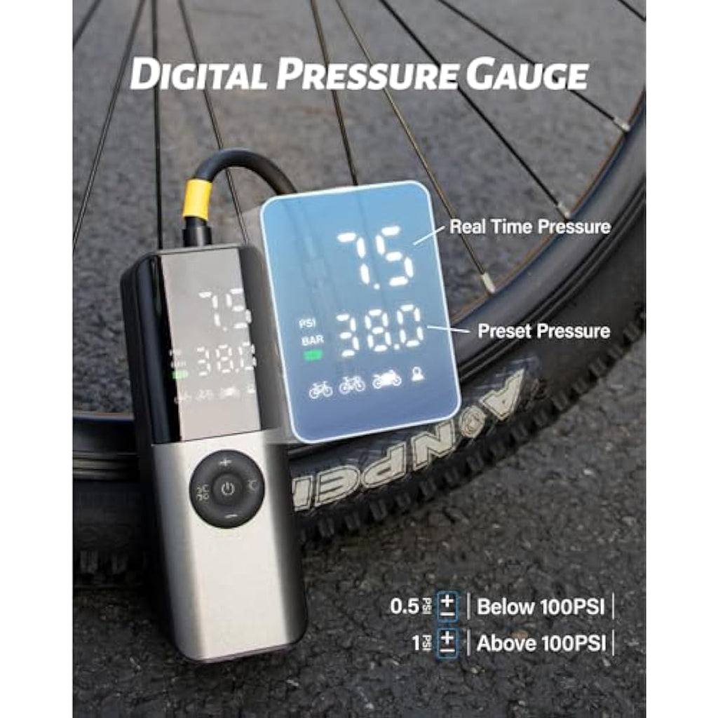 GPUTEK Electric Bike Pump | 150PSI Portable Tire Inflator with Digital Gauge