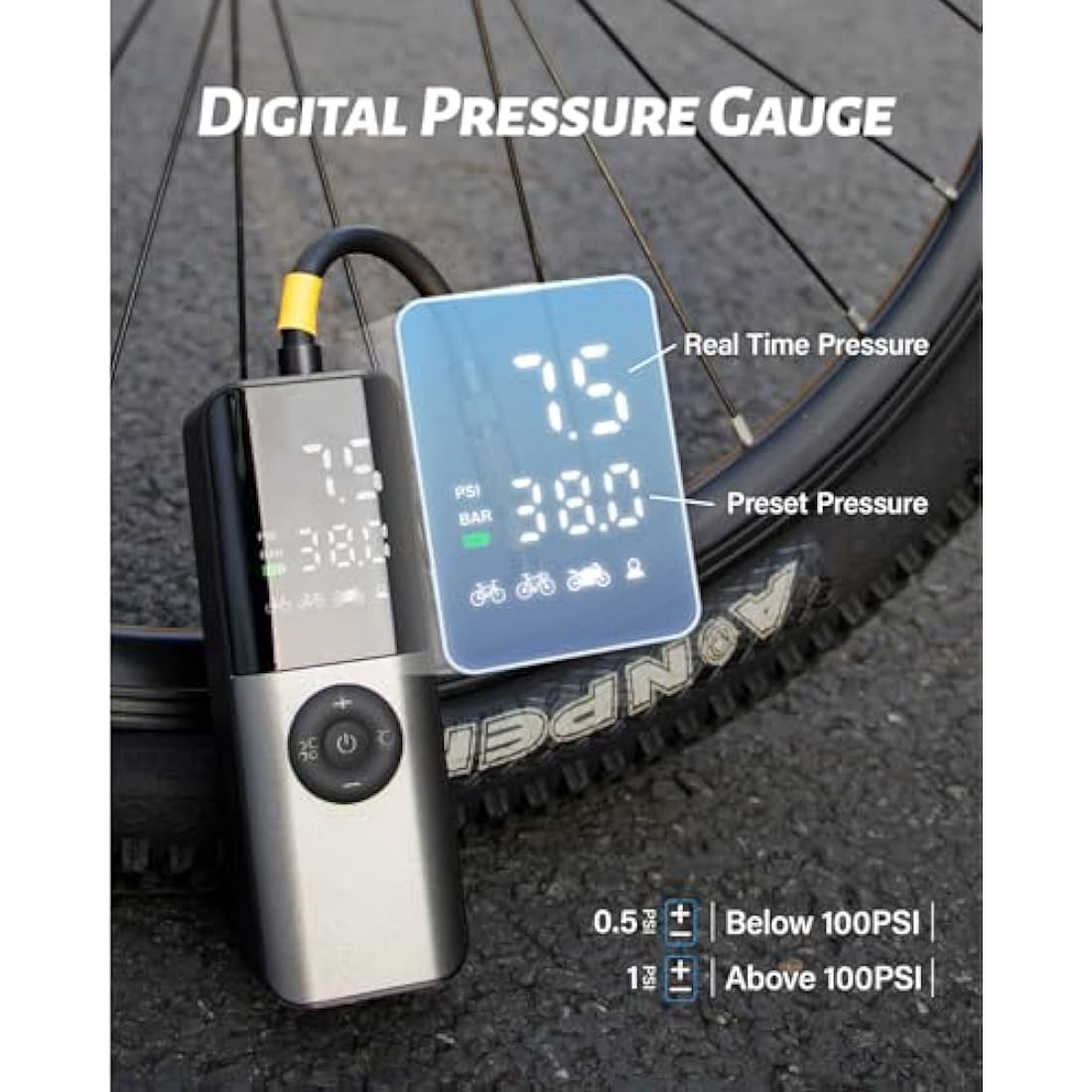 GPUTEK Electric Bike Pump | 150PSI Portable Tire Inflator with Digital Gauge