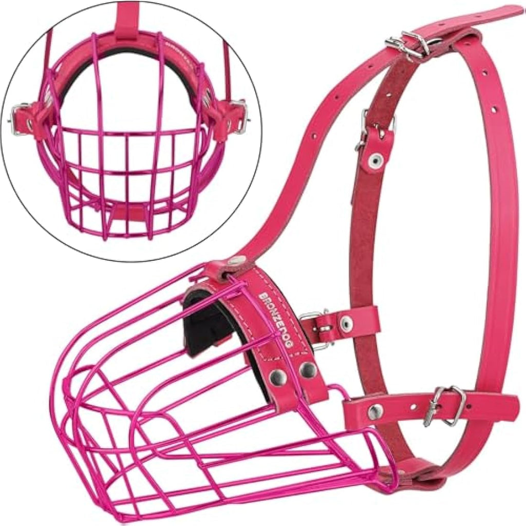 BronzeDog Metal Basket Dog Muzzle for Pitbulls – Adjustable Leather, Pink
