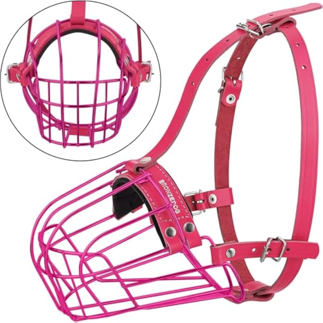 BronzeDog Metal Basket Dog Muzzle for Pitbulls – Adjustable Leather, Pink