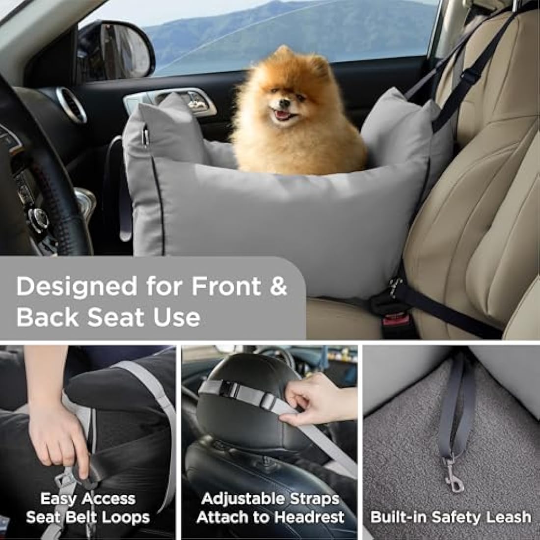 Lesure Dog Car Seat – Waterproof Booster Seat with Safety Leash, Grey