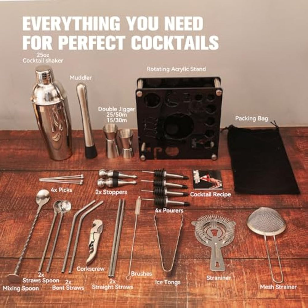 KINGROW 29-Piece Cocktail Shaker Set with Rotating Stand - Silver