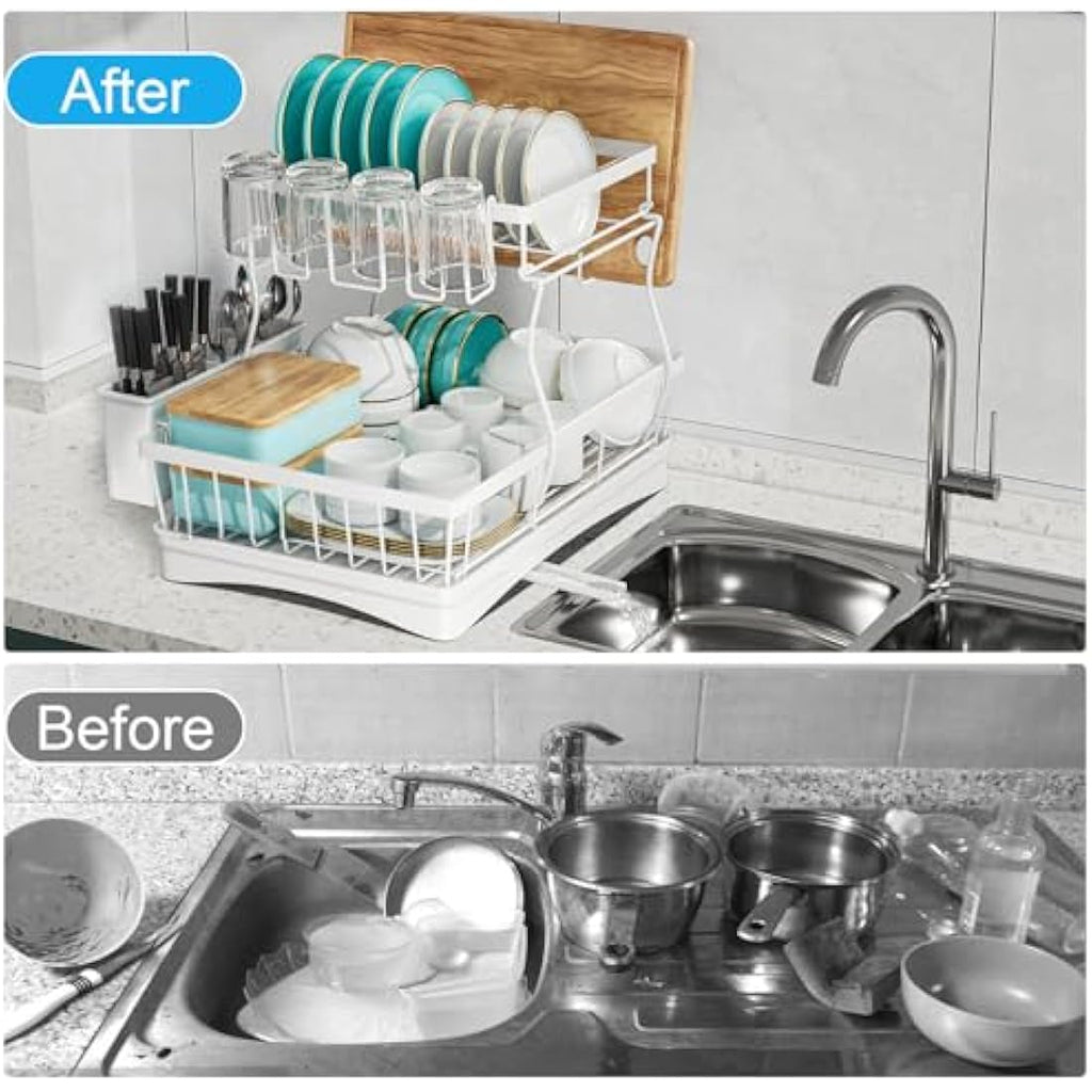 2-Tier Dish Drying Rack – Rustproof Carbon Steel Drainer, White