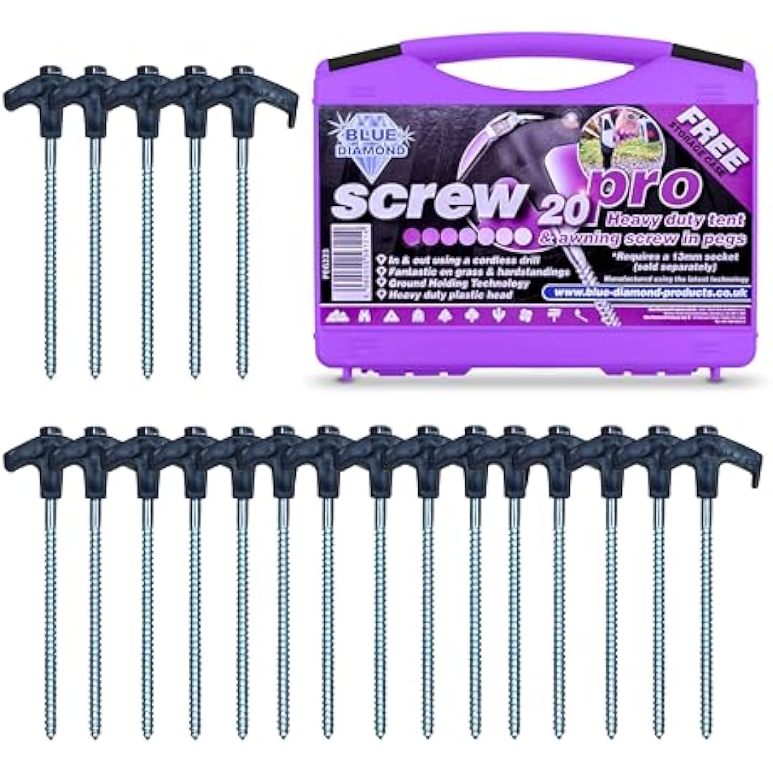 Blue Diamond Heavy Duty Screw Tent Pegs – 20cm Galvanized Steel 20 Pack