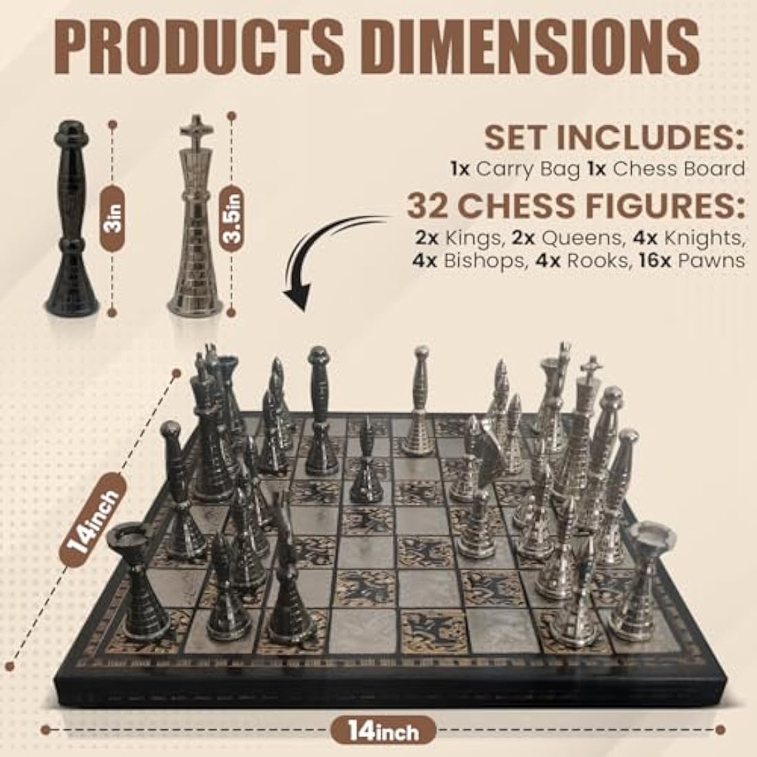 Tribal Warli Art Brass Chess Set with Leather Box - 12x12"