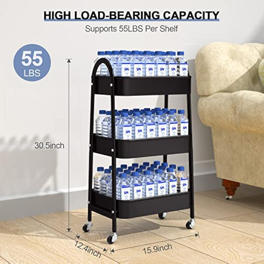 EAGMAK 3-Tier Metal Rolling Utility Cart with Handle and Wheels - Black