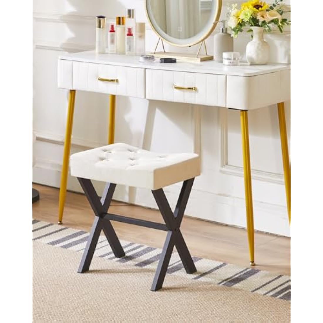 IBUYKE U-Shaped Linen Vanity Stool | Square Makeup Ottoman with X-Leg