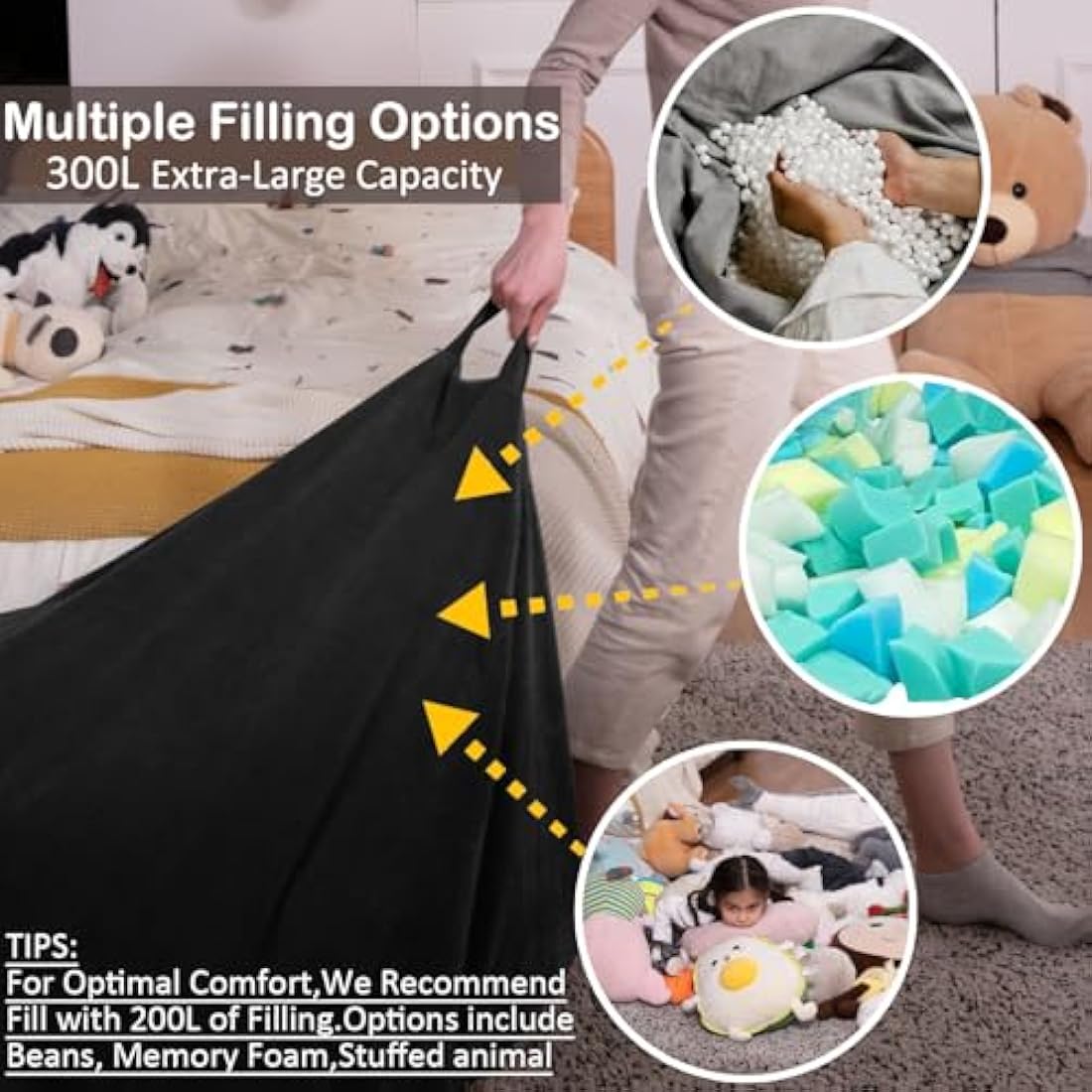 Nobildonna Corduroy Bean Bag Chair Cover | 300L Large Toy Storage - Black
