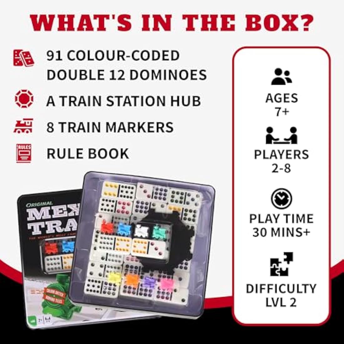 Tactic Mexican Train Domino Game Set – Portable 2-8 Player Game in Tin Box