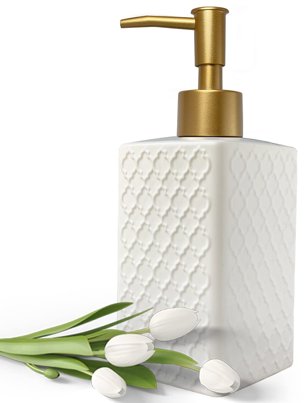 White Ceramic Soap Dispenser – Retro Square Lotion Pump, 350ml
