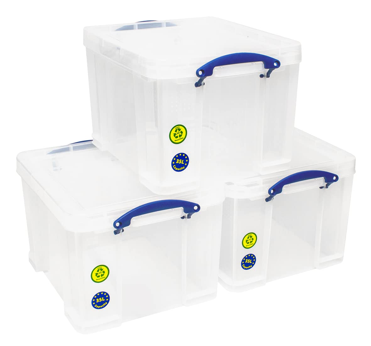 Really Useful Box 35L Clear Plastic Storage Bins, Stackable 3-Pack