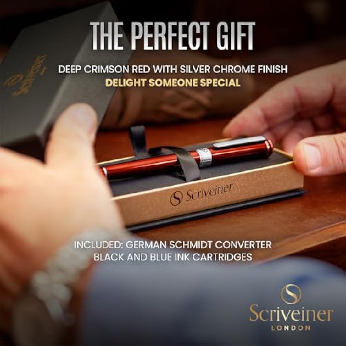 Scriveiner Red Lacquer Fountain Pen – Schmidt Medium Nib, Chrome Finish