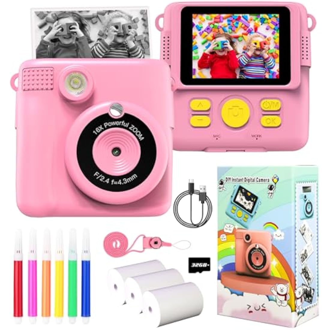 Jolof Store Kids Instant Print Camera | 1080P HD Digital Toy with 32GB SD Card