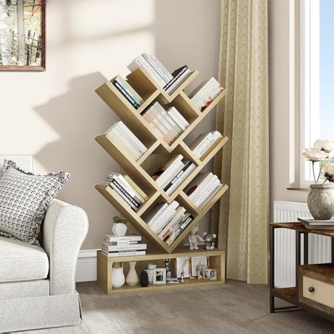 YITAHOME Tree Bookshelf – 8-Tier Floor Standing Bookcase with Drawer, Oak