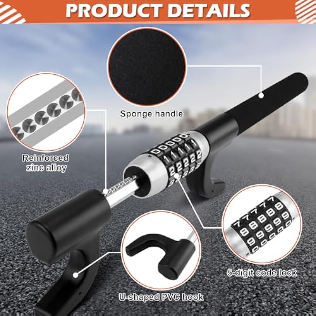 Tevlaphee Steering Wheel Lock – 5-Digit Keyless Anti-Theft Device (Black)
