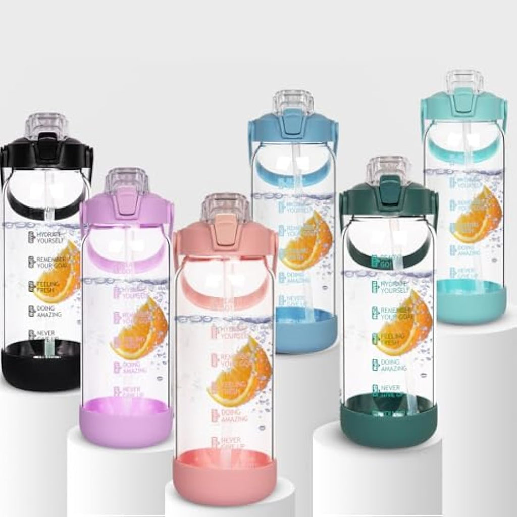 Seekua 2L Glass Water Bottle with Straw | Motivational Time Markings