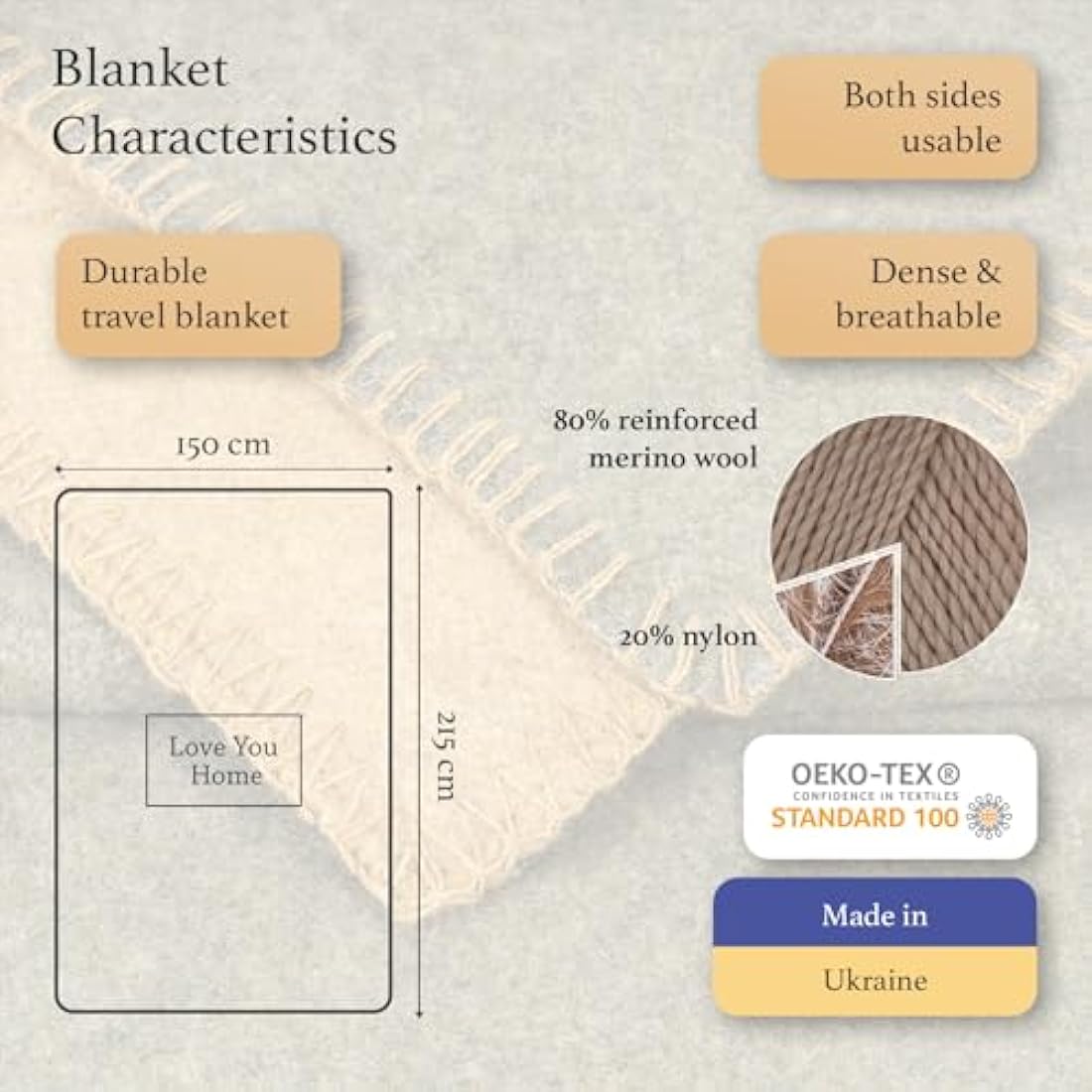 LYHome Merino Wool Travel Blanket – Warm Outdoor Camping Throw, 59x84 in