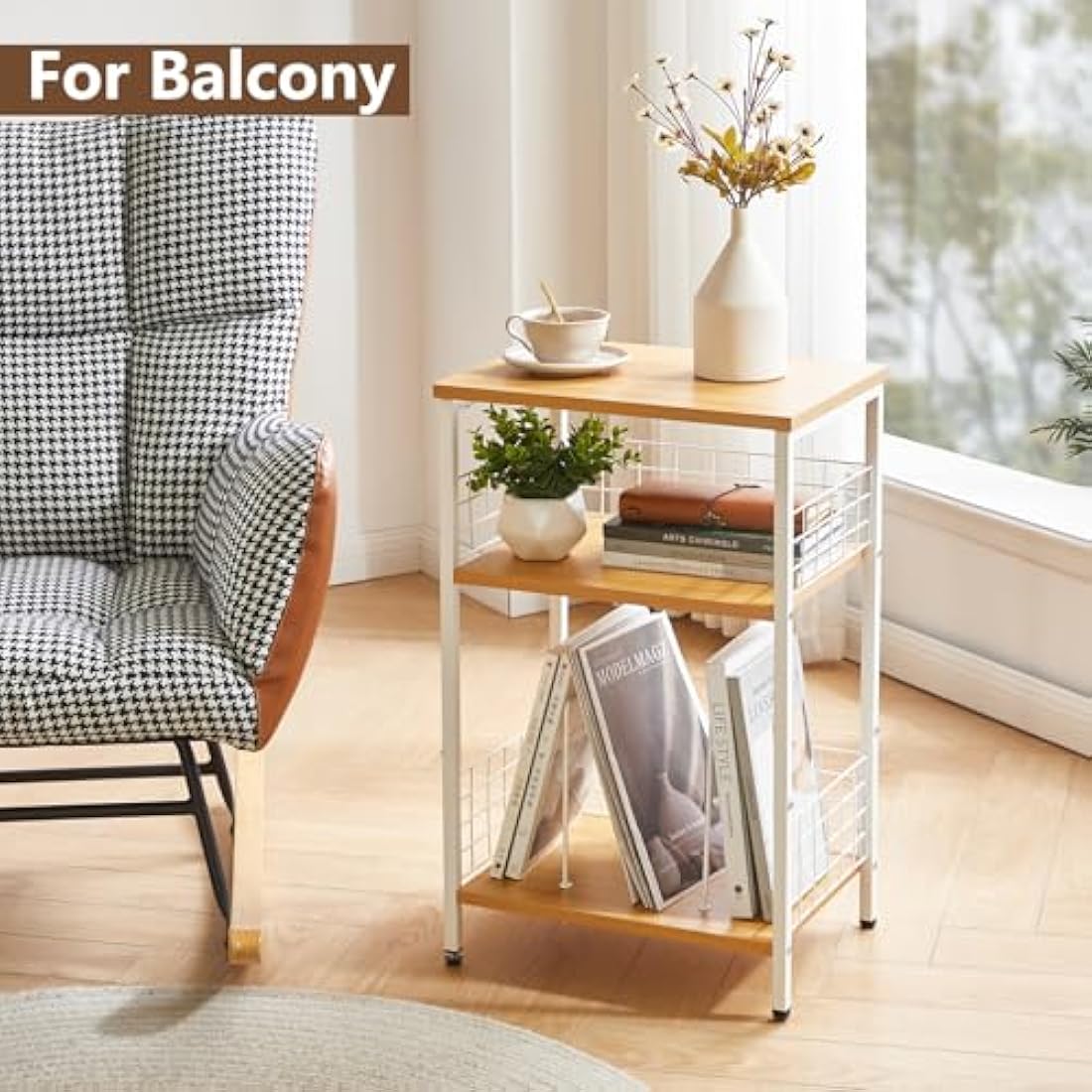 YMYNY 3-Tier Record Player Stand – Industrial Side Table, Natural