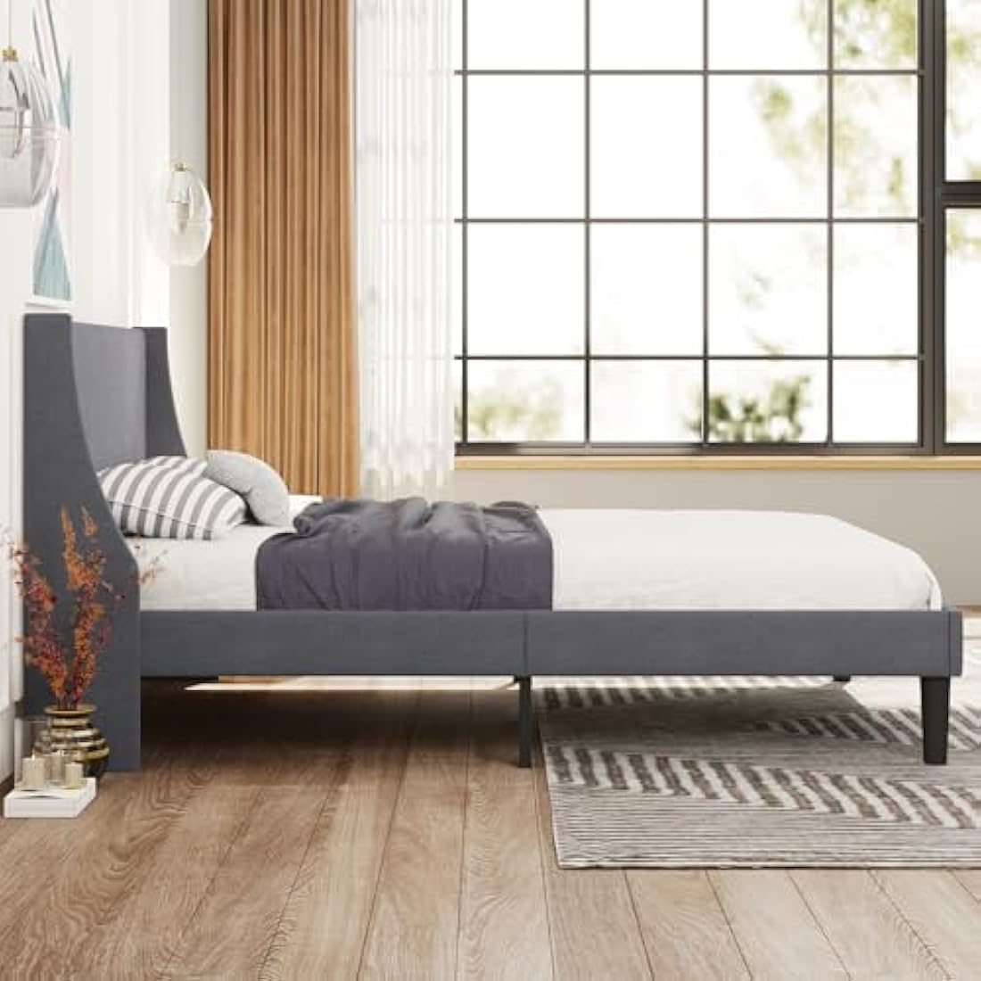 Merax 3FT Single Upholstered Bed Frame | Grey Linen Wingback Bed