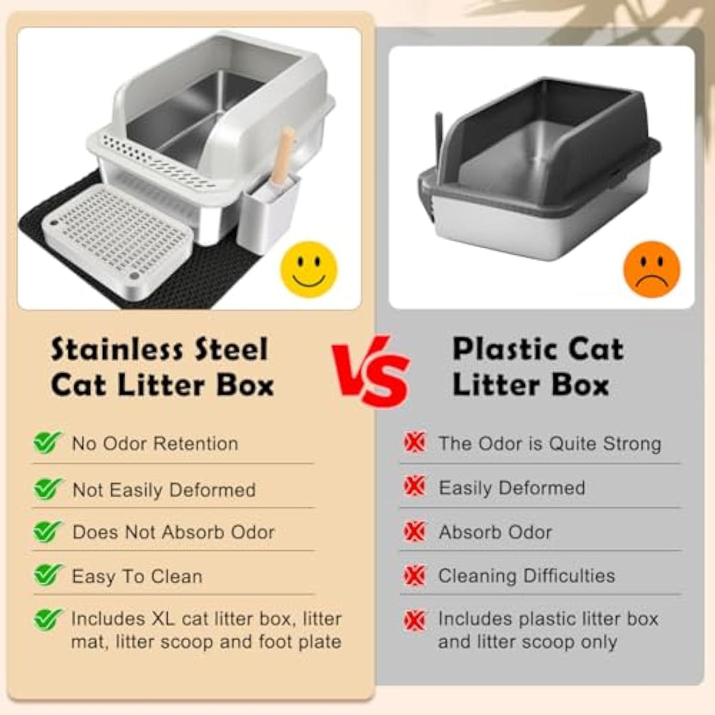 Jolof Store XL Stainless Steel Cat Litter Box with Lid and Mat