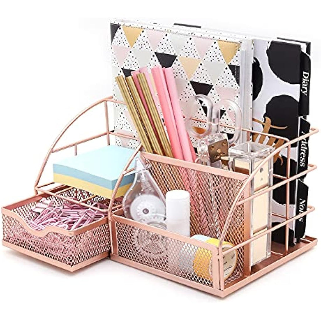 Exerz Mesh Desk Organiser | 7-Compartment Metal Tidy Caddy – Rose Gold