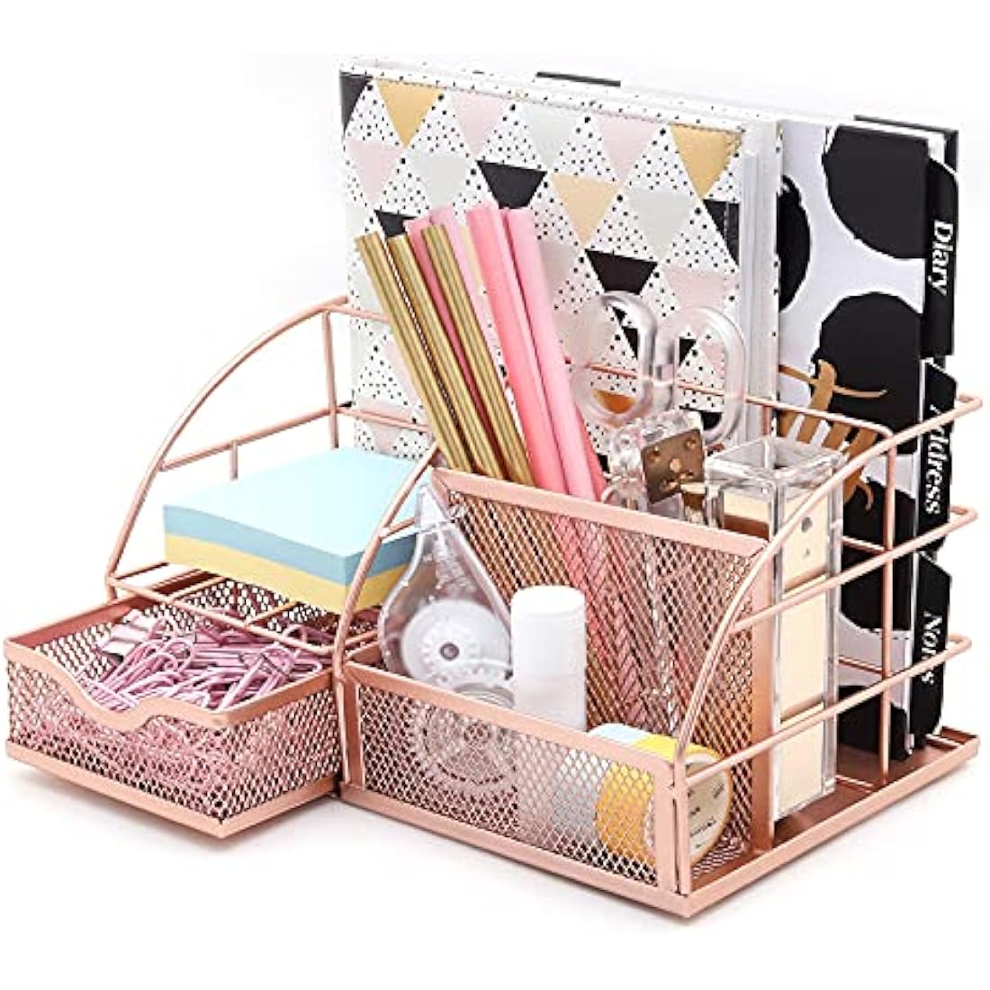 Exerz Mesh Desk Organiser | 7-Compartment Metal Tidy Caddy – Rose Gold