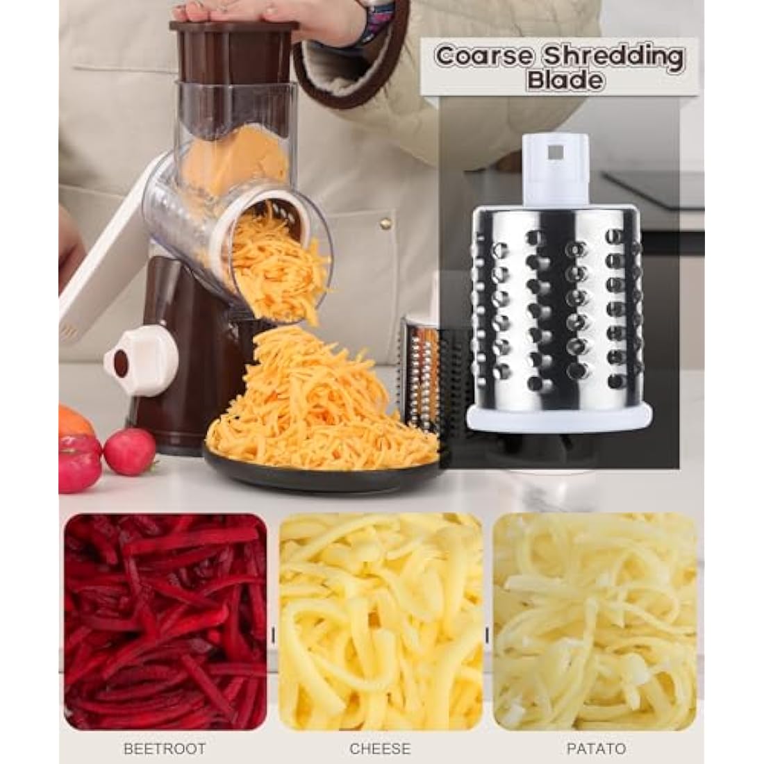 Ourokhome Rotary Cheese Grater | 3-Blade Manual Mandoline Slicer - Coffee