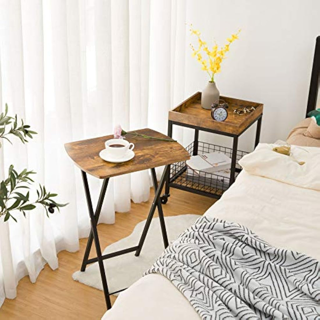 HOOBRO Folding Side Table – Industrial Metal Snack Tray for Small Spaces