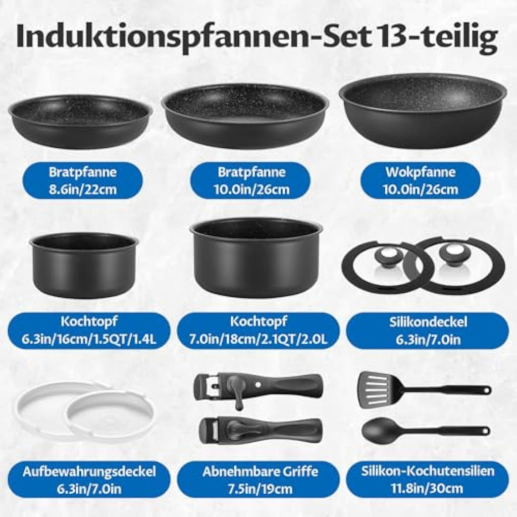 BEZIA 13-Piece Nonstick Cookware Set | Induction Pans with Detachable Handle