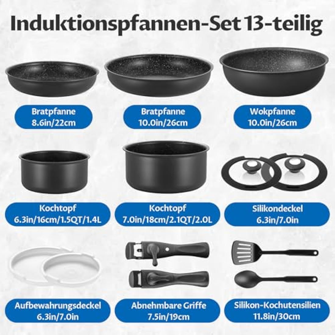 BEZIA 13-Piece Nonstick Cookware Set | Induction Pans with Detachable Handle